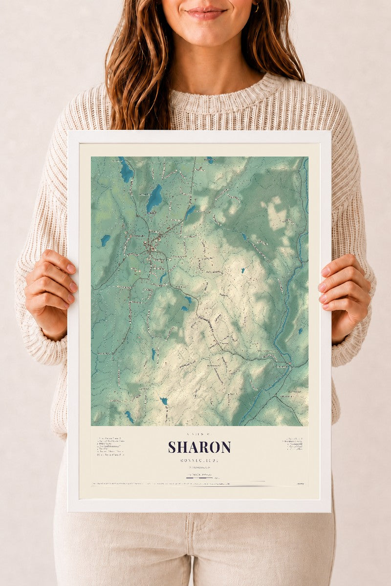 Sharon, Connecticut map print, 12" x 18", W/ White Ayous Wood Frame