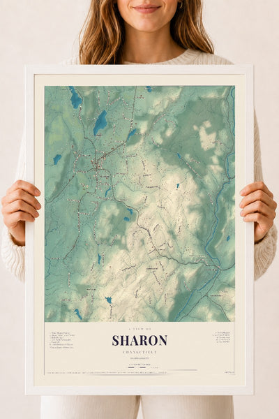 Sharon, Connecticut map print, 18" x 24", W/ White Ayous Wood Frame