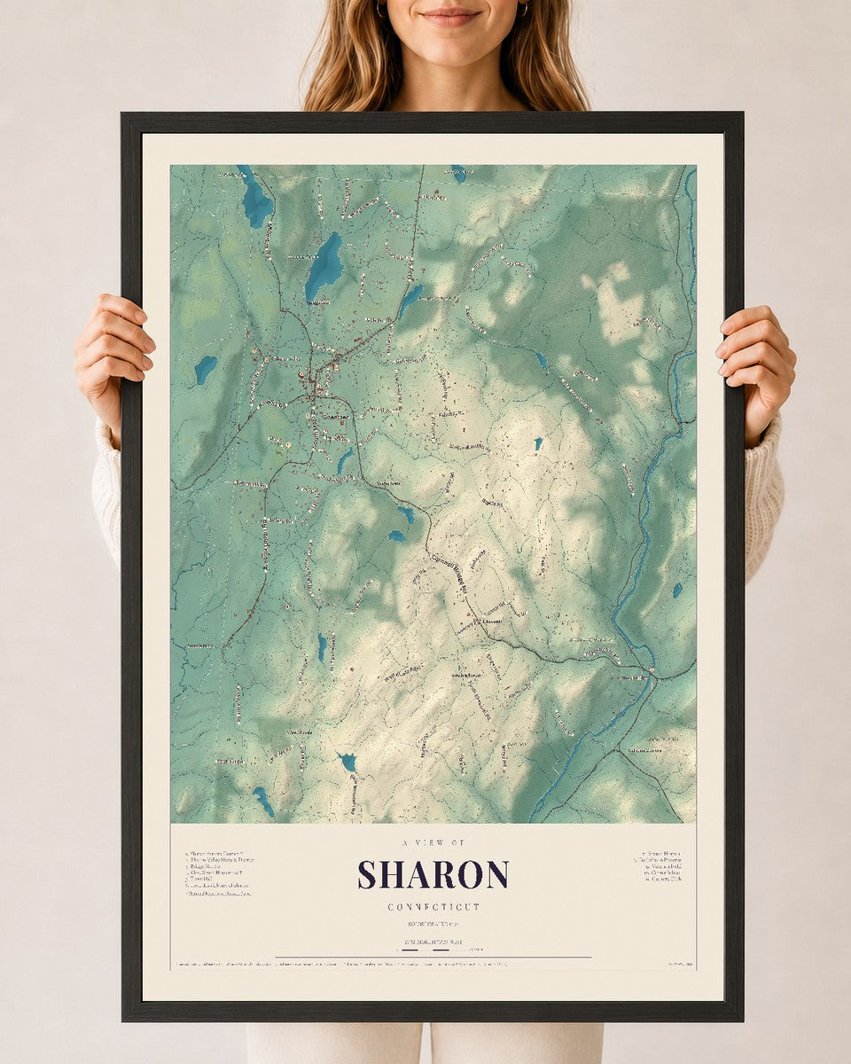 Sharon, Connecticut map print, 24" x 36", W/ Black Ayous Wood Frame
