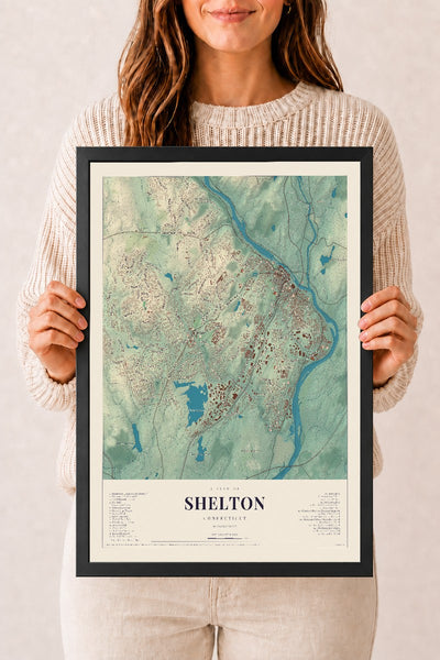 Shelton, Connecticut map print, 12" x 18", W/ Black Ayous Wood Frame
