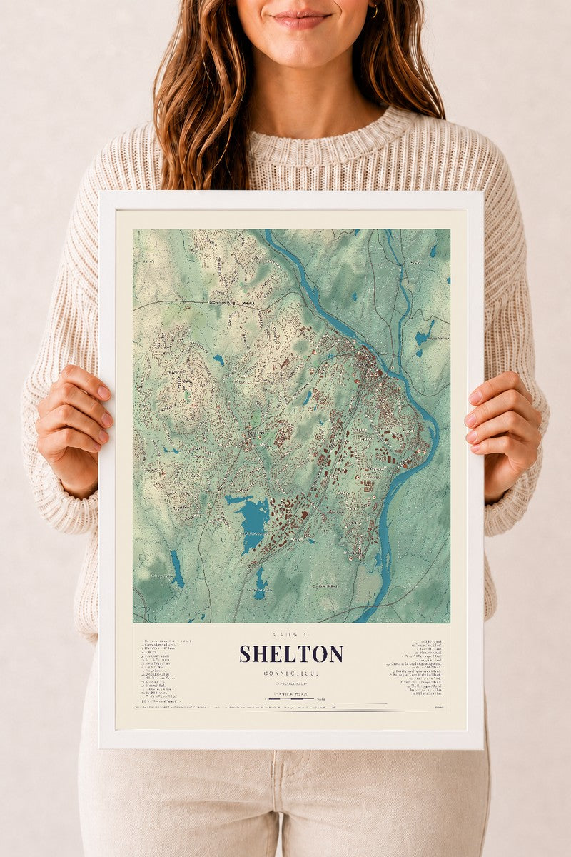 Shelton, Connecticut map print, 12" x 18", W/ White Ayous Wood Frame