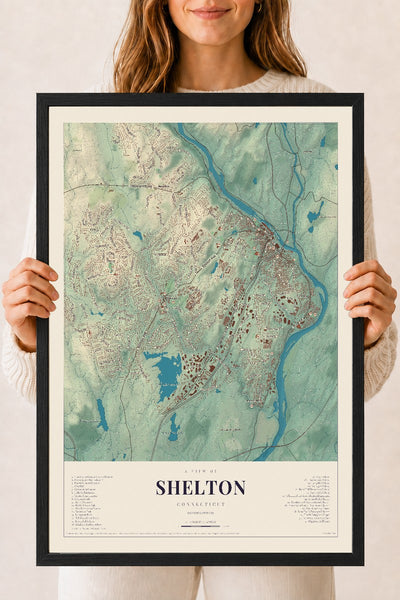 Shelton, Connecticut map print, 18" x 24", W/ Black Ayous Wood Frame