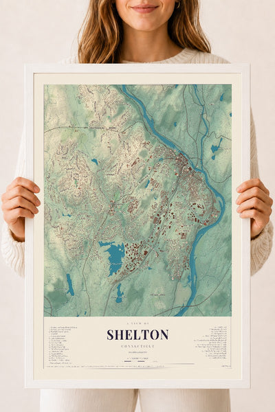 Shelton, Connecticut map print, 18" x 24", W/ White Ayous Wood Frame
