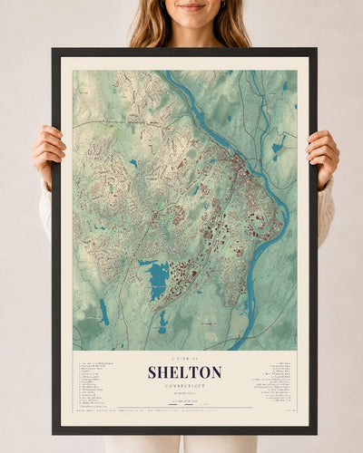 Shelton, Connecticut map print, 24" x 36", W/ Black Ayous Wood Frame