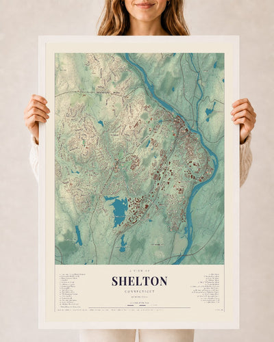 Shelton, Connecticut map print, 24" x 36", W/ White Ayous Wood Frame