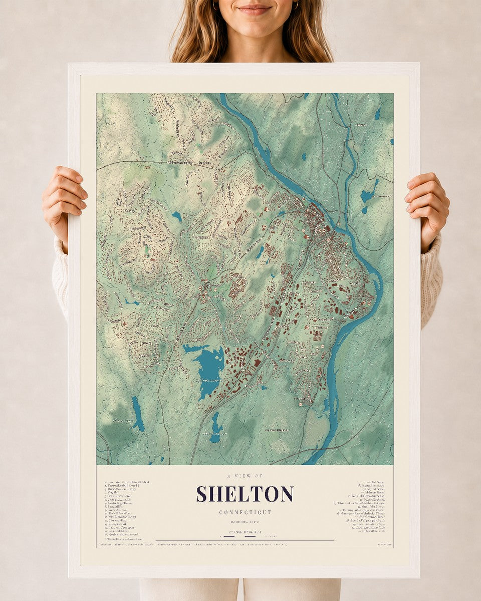Shelton, Connecticut map print, 24" x 36", W/ White Ayous Wood Frame