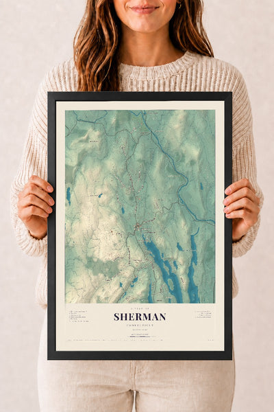 Sherman, Connecticut map print, 12" x 18", W/ Black Ayous Wood Frame
