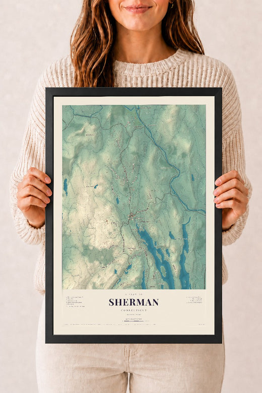 Map of Sherman, Connecticut, 12 x 18 inch print in a black wood frame