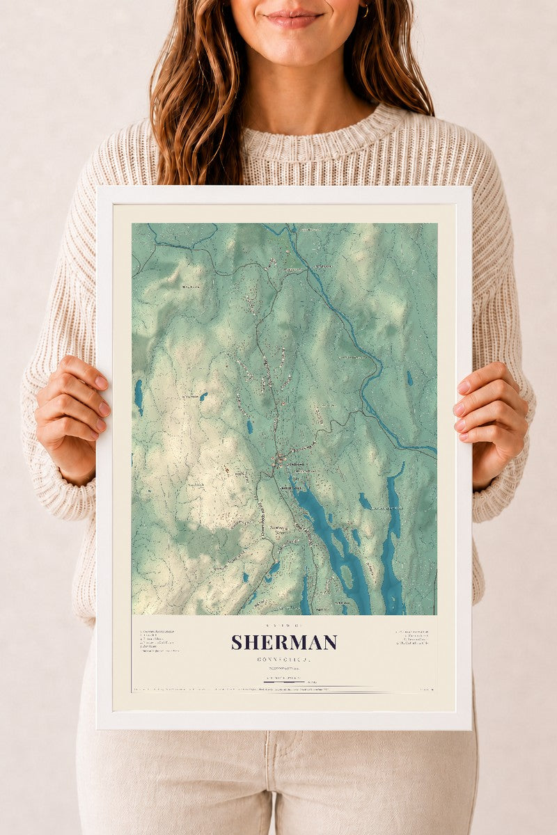 Sherman, Connecticut map print, 12" x 18", W/ White Ayous Wood Frame
