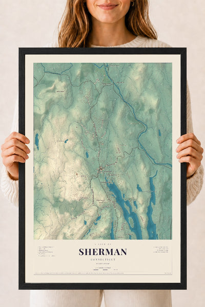 Sherman, Connecticut map print, 18" x 24", W/ Black Ayous Wood Frame