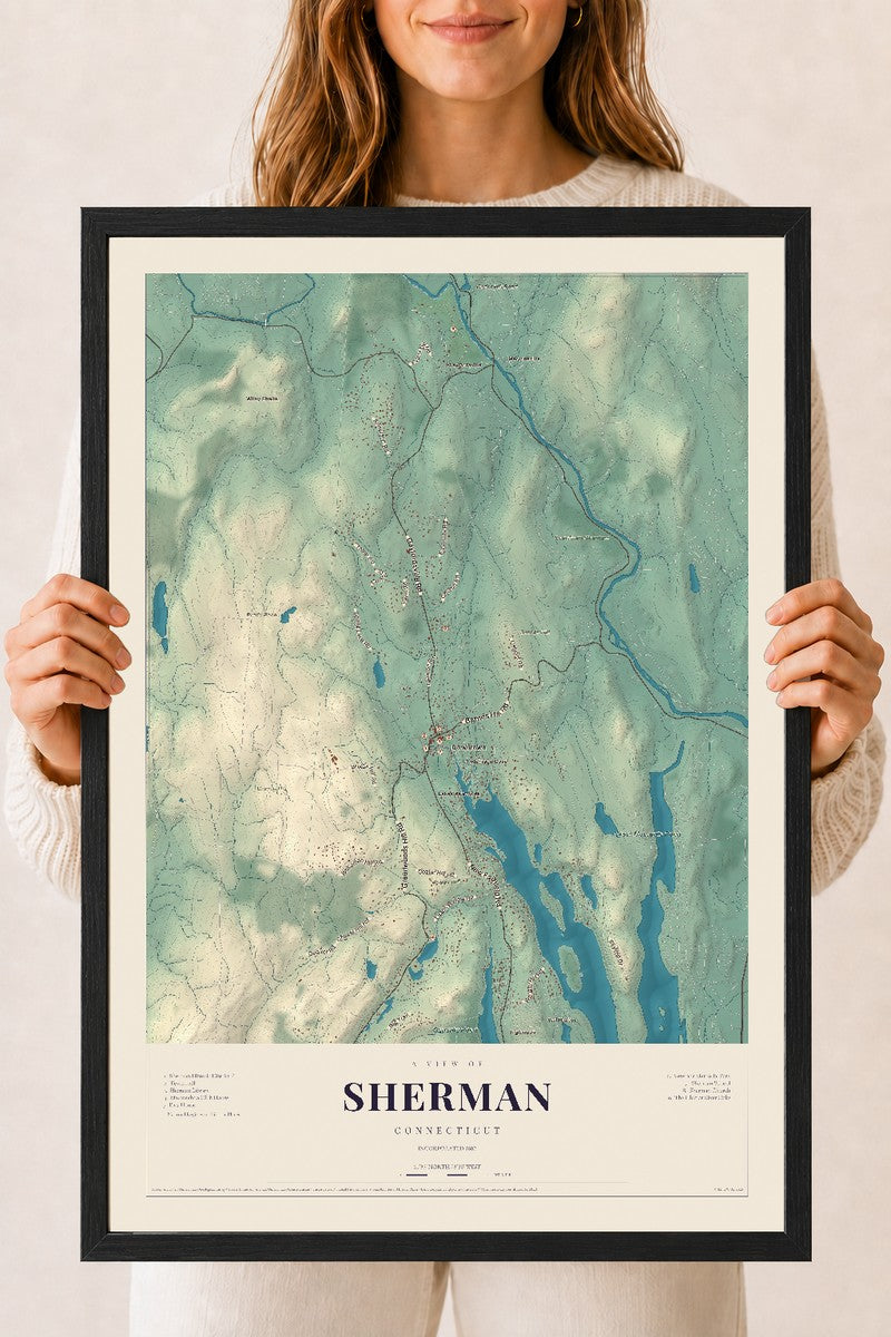 Sherman, Connecticut map print, 18" x 24", W/ Black Ayous Wood Frame