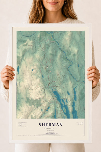 Sherman, Connecticut map print, 18" x 24", W/ White Ayous Wood Frame