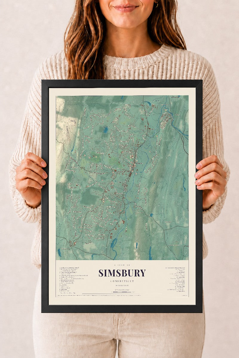 Simsbury, Connecticut map print, 12" x 18", W/ Black Ayous Wood Frame