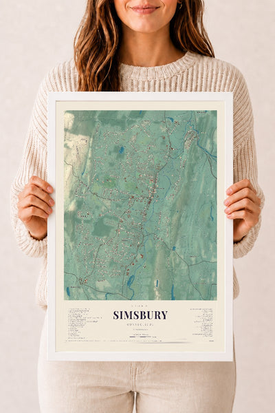 Simsbury, Connecticut map print, 12" x 18", W/ White Ayous Wood Frame