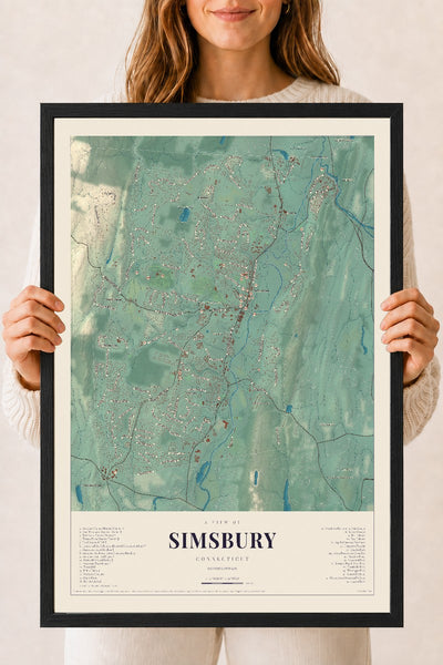 Simsbury, Connecticut map print, 18" x 24", W/ Black Ayous Wood Frame