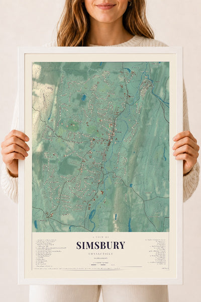 Simsbury, Connecticut map print, 18" x 24", W/ White Ayous Wood Frame