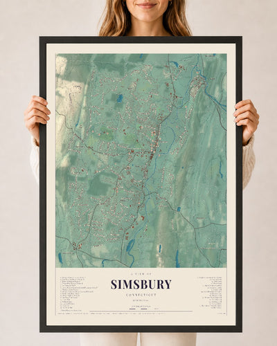 Simsbury, Connecticut map print, 24" x 36", W/ Black Ayous Wood Frame