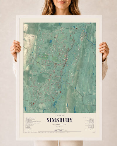 Simsbury, Connecticut map print, 24" x 36", W/ White Ayous Wood Frame