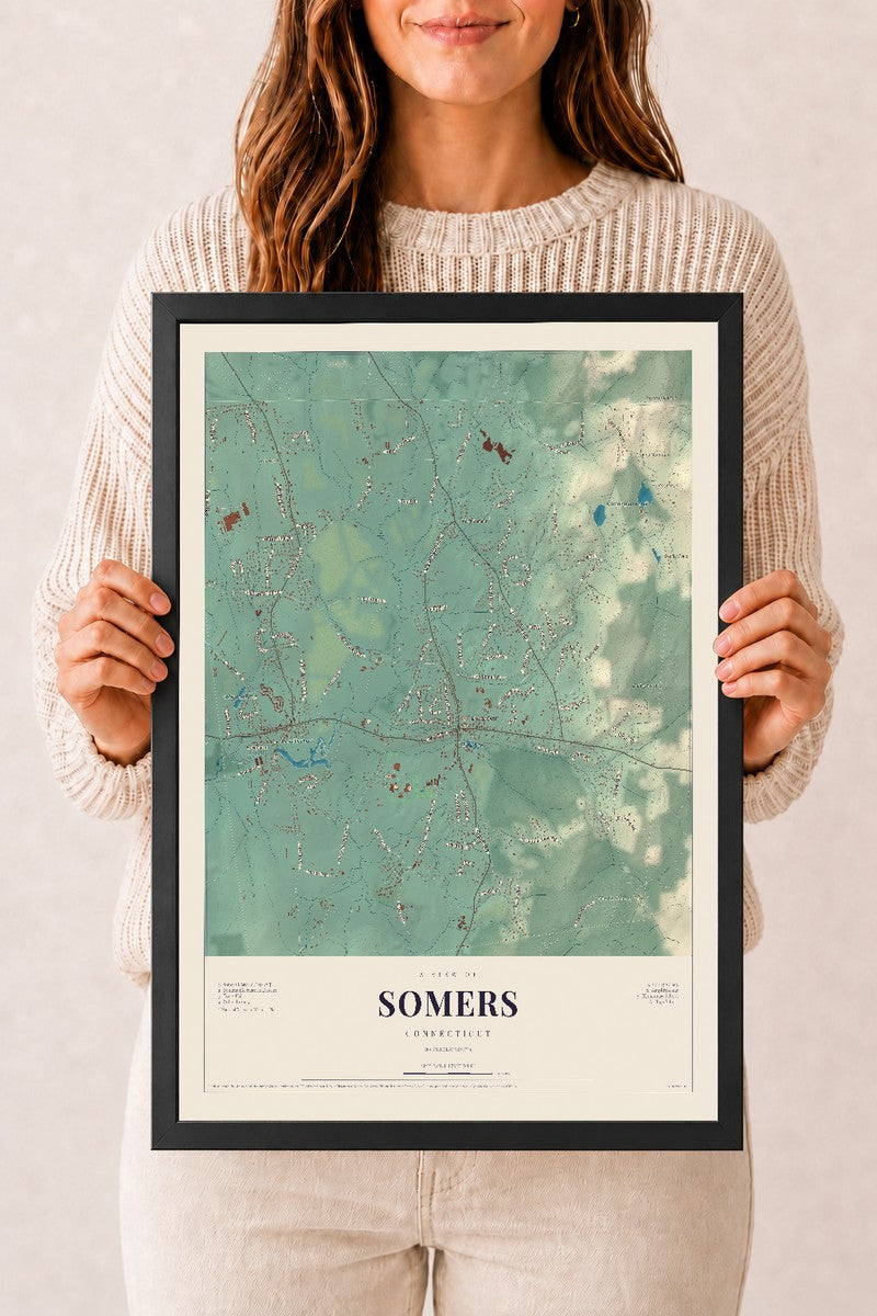 Somers, Connecticut map print, 12" x 18", W/ Black Ayous Wood Frame