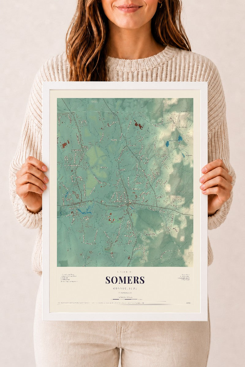 Somers, Connecticut map print, 12" x 18", W/ White Ayous Wood Frame