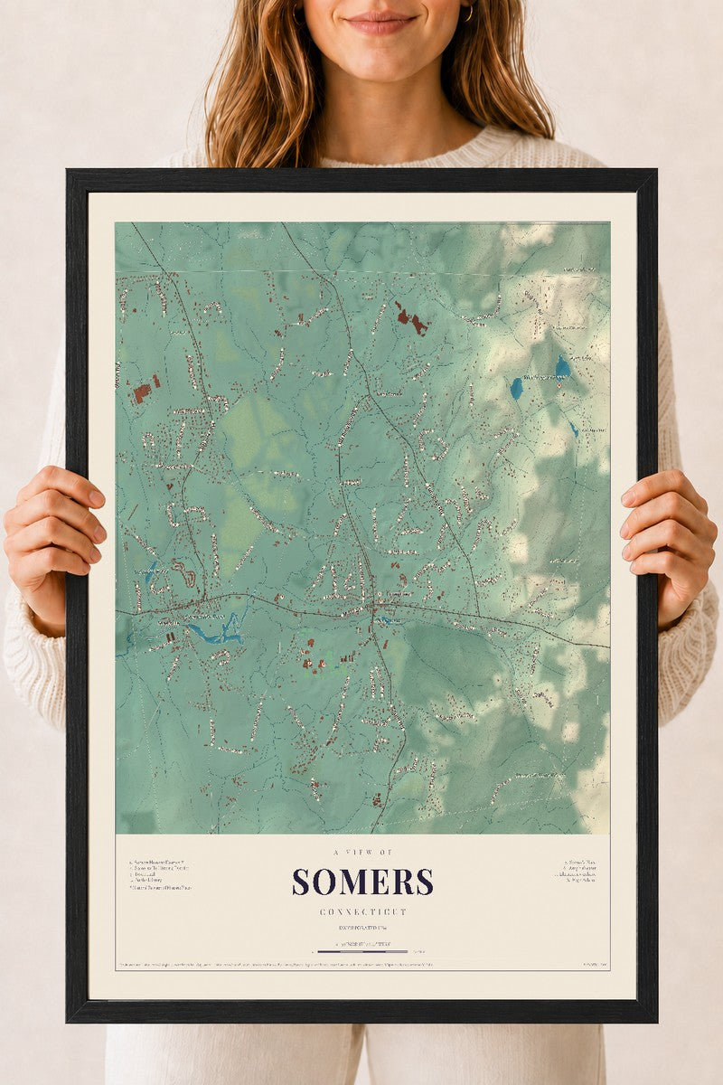 Somers, Connecticut map print, 18" x 24", W/ Black Ayous Wood Frame
