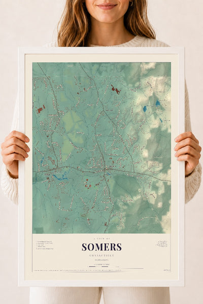 Somers, Connecticut map print, 18" x 24", W/ White Ayous Wood Frame