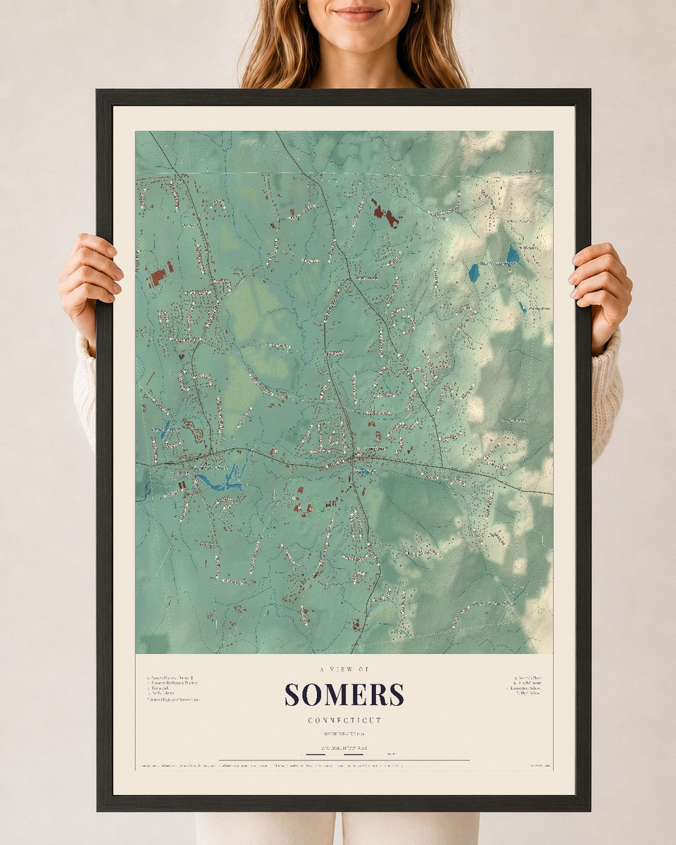 Somers, Connecticut map print, 24" x 36", W/ Black Ayous Wood Frame