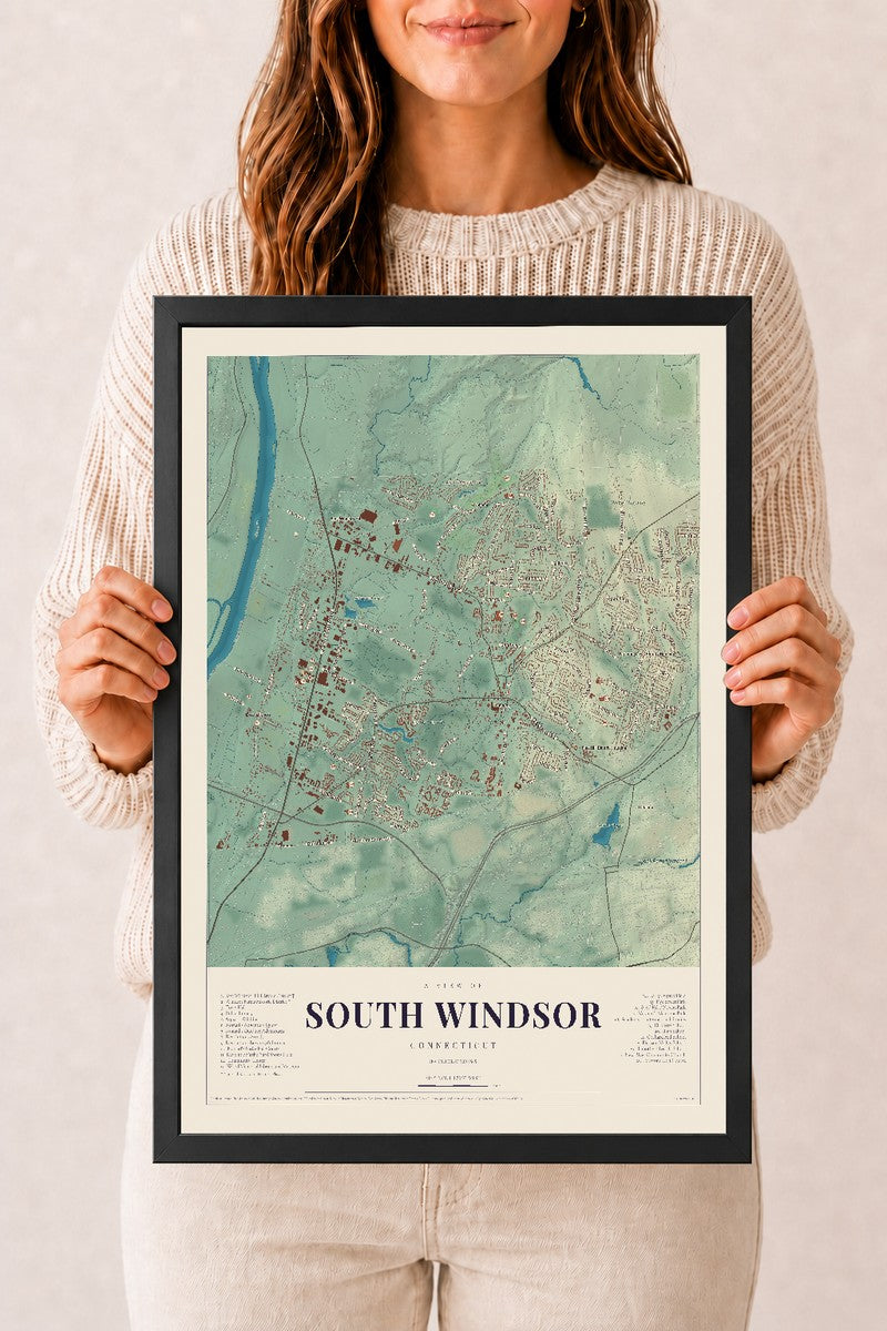 South Windsor, Connecticut map print, 12" x 18", W/ Black Ayous Wood Frame