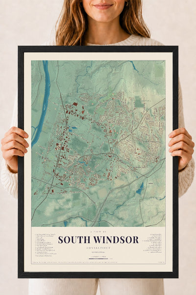 South Windsor, Connecticut map print, 18" x 24", W/ Black Ayous Wood Frame