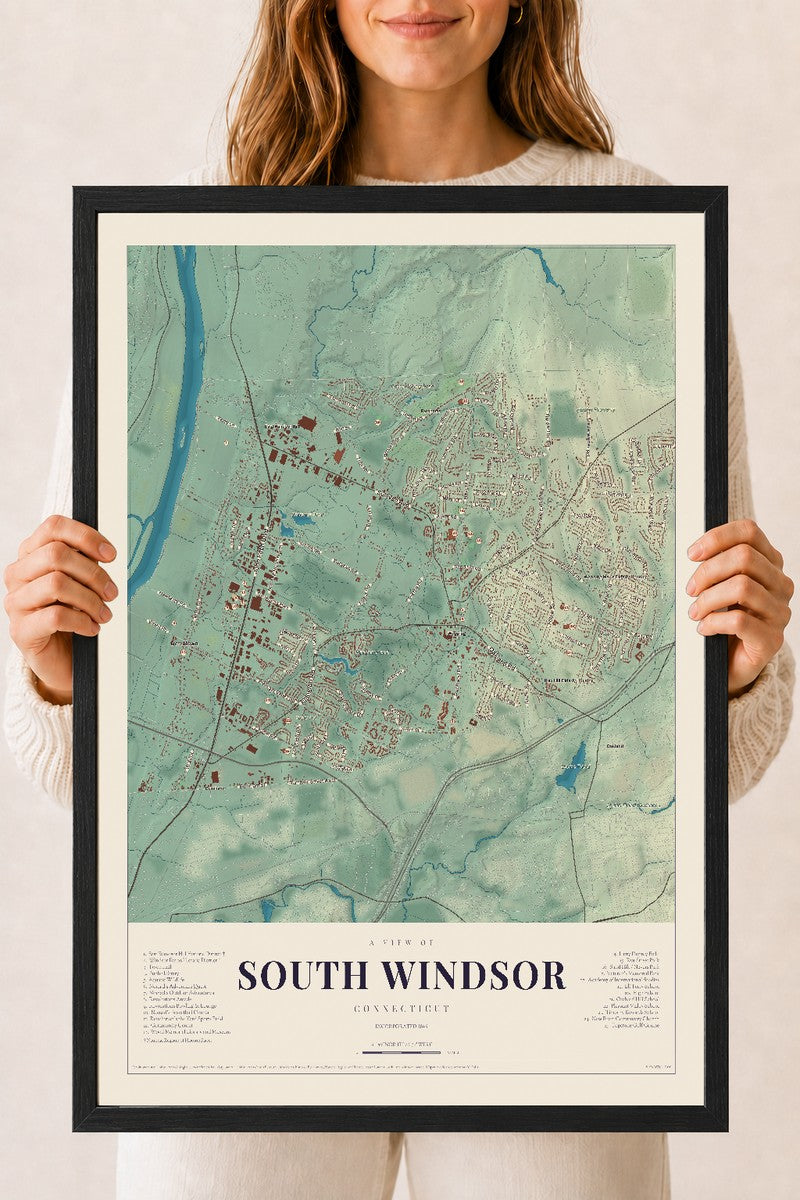 South Windsor, Connecticut map print, 18" x 24", W/ Black Ayous Wood Frame