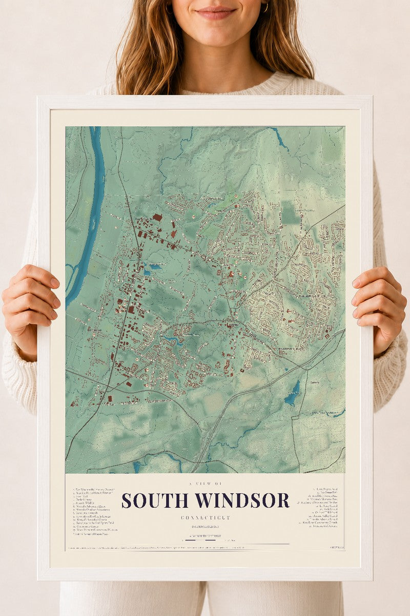 South Windsor, Connecticut map print, 18" x 24", W/ White Ayous Wood Frame