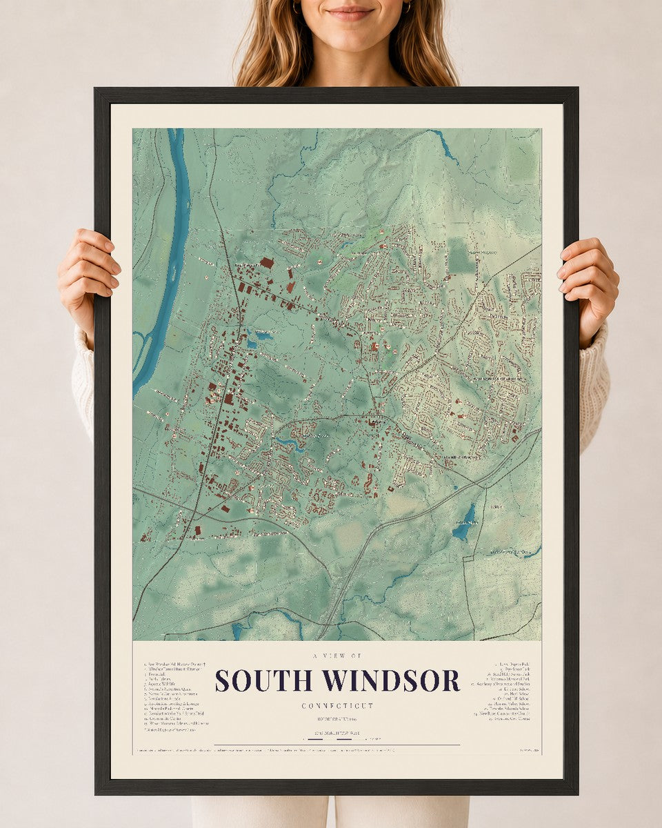 South Windsor, Connecticut map print, 24" x 36", W/ Black Ayous Wood Frame