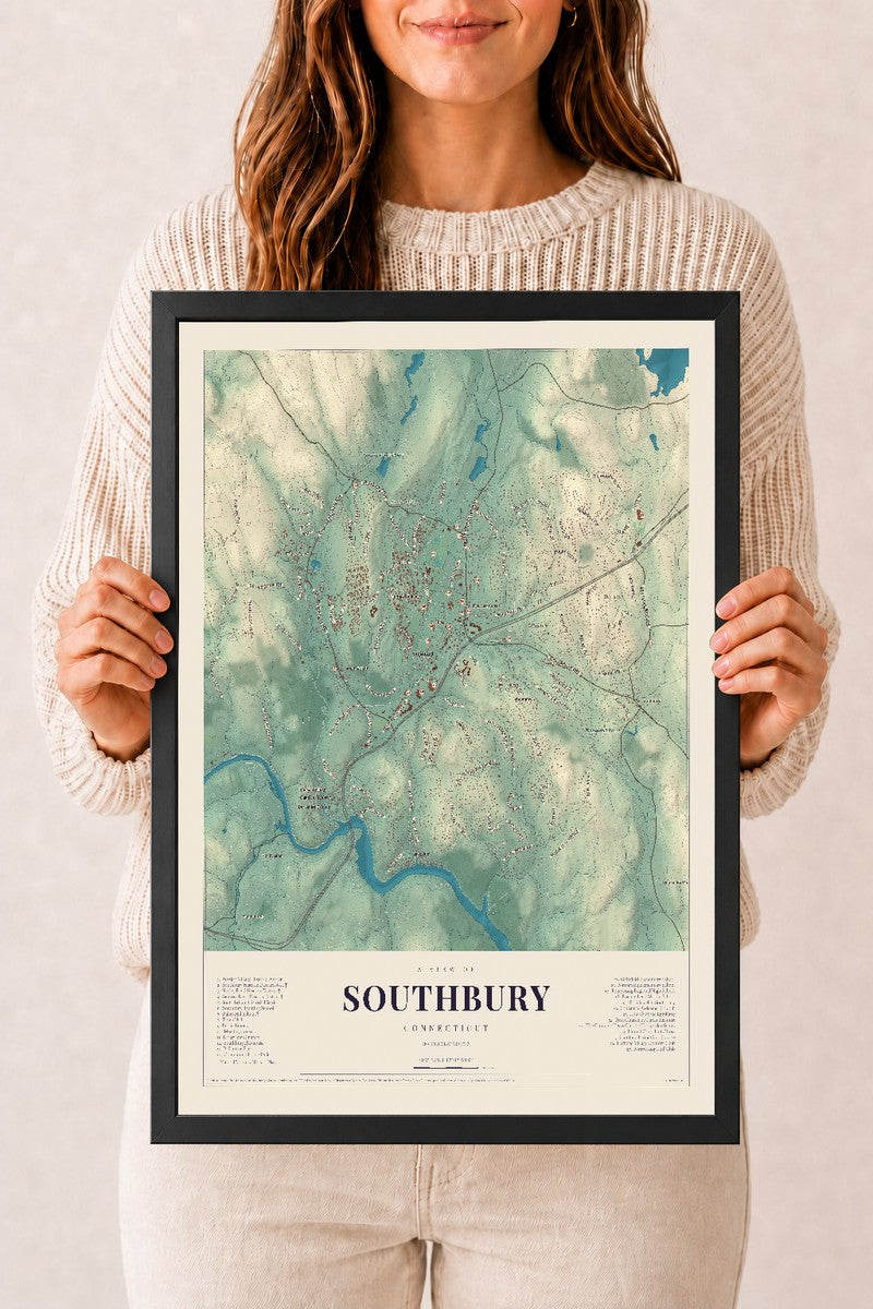 Southbury, Connecticut map print, 12" x 18", W/ Black Ayous Wood Frame
