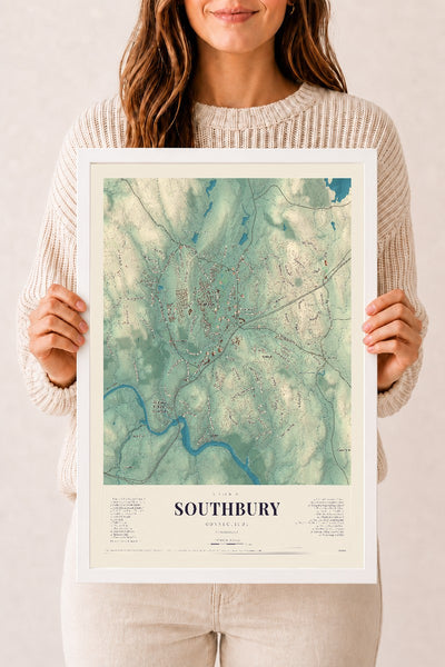 Southbury, Connecticut map print, 12" x 18", W/ White Ayous Wood Frame
