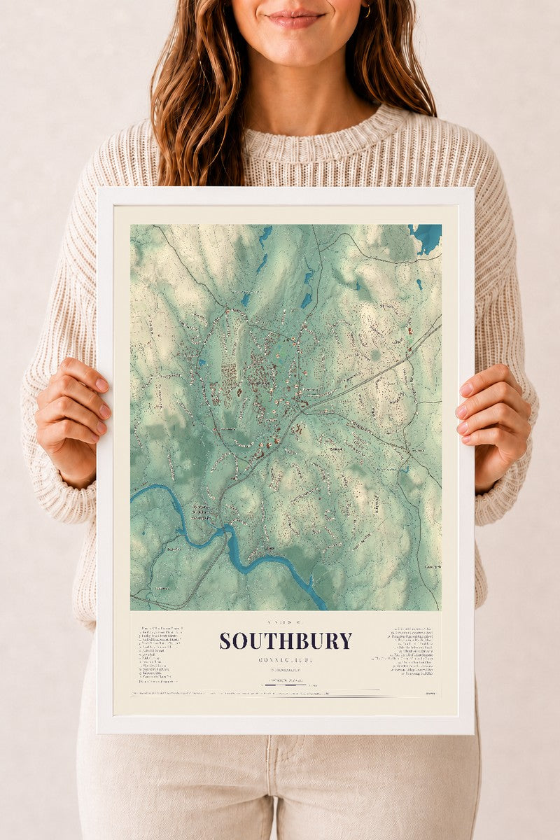 Southbury, Connecticut map print, 12" x 18", W/ White Ayous Wood Frame
