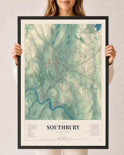 Southbury, Connecticut map print, 24" x 36", W/ Black Ayous Wood Frame