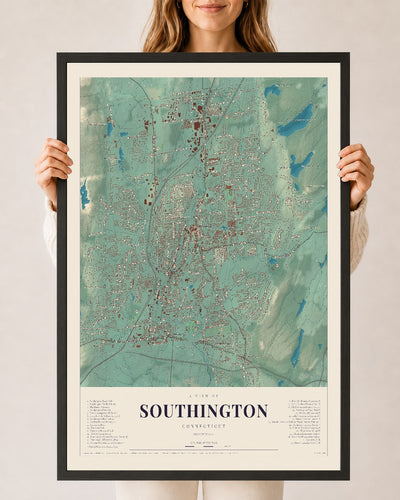 Southington, Connecticut map print, 24" x 36", W/ Black Ayous Wood Frame