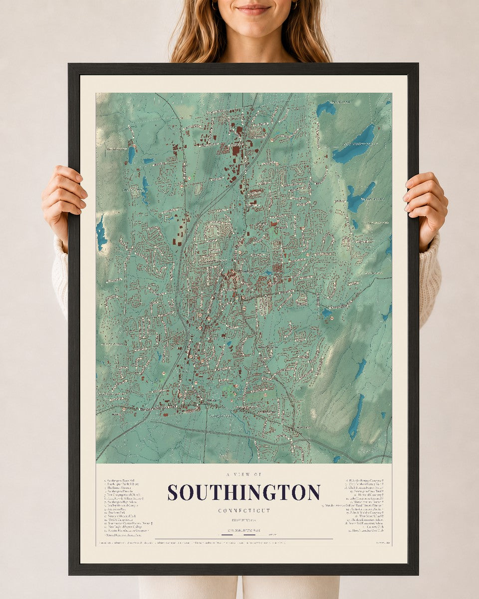 Southington, Connecticut map print, 24" x 36", W/ Black Ayous Wood Frame