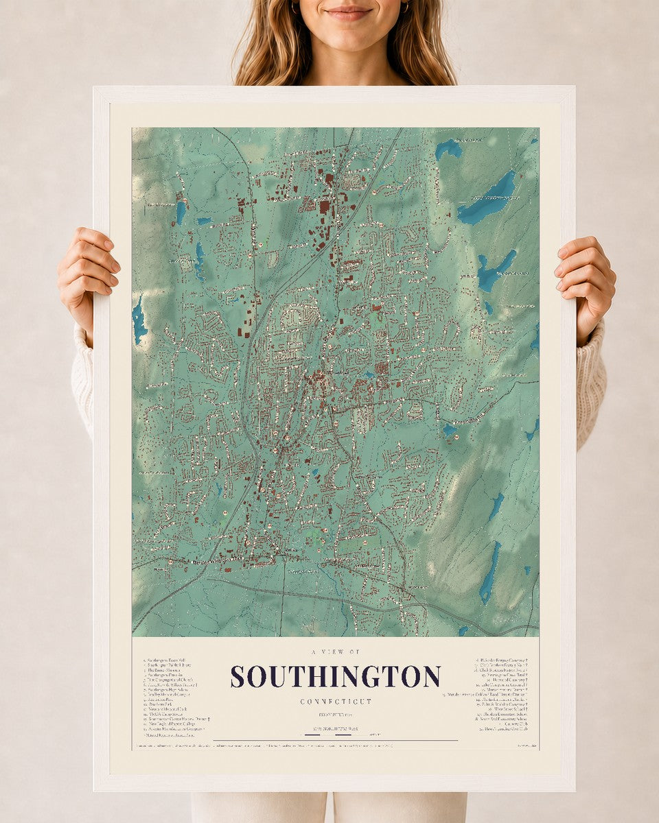 Southington, Connecticut map print, 24" x 36", W/ White Ayous Wood Frame