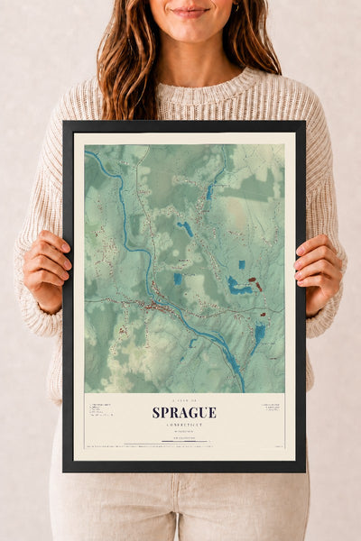 Sprague, Connecticut map print, 12" x 18", W/ Black Ayous Wood Frame