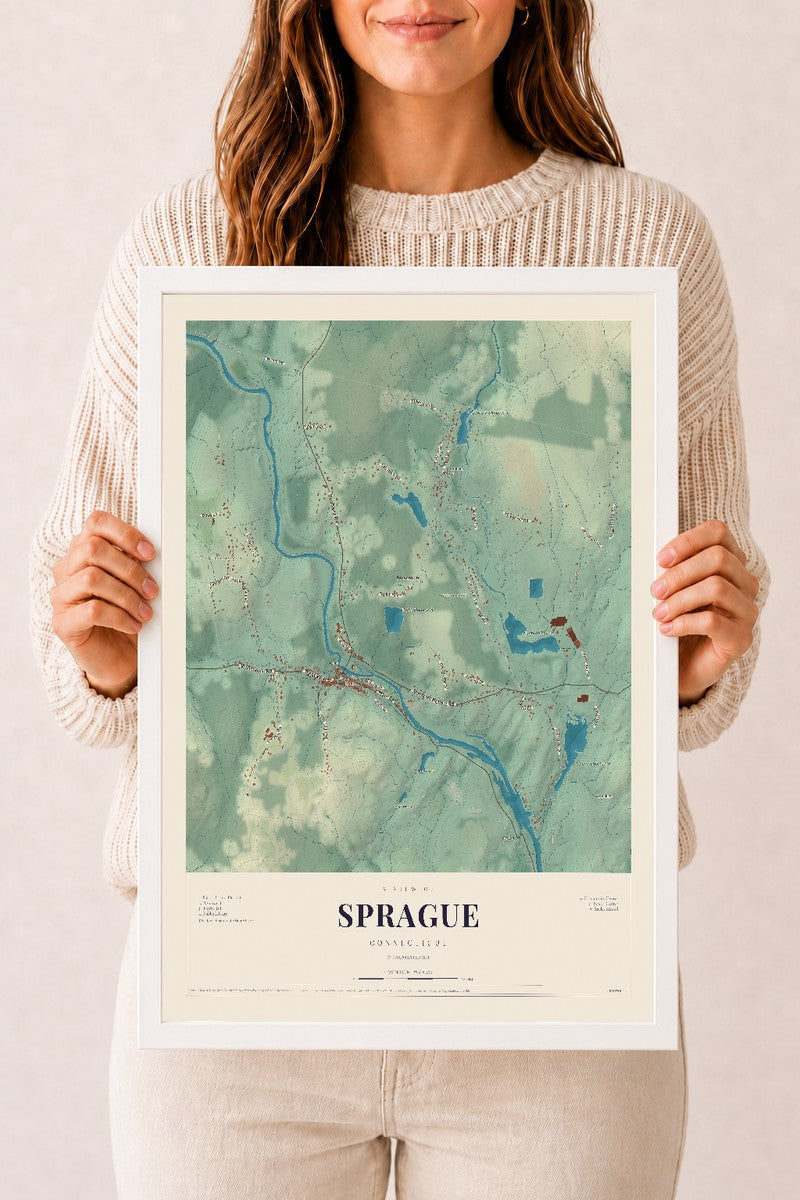 Sprague, Connecticut map print, 12" x 18", W/ White Ayous Wood Frame