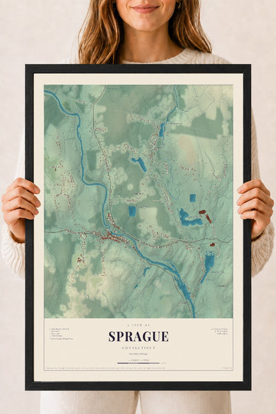 Sprague, Connecticut map print, 18" x 24", W/ Black Ayous Wood Frame