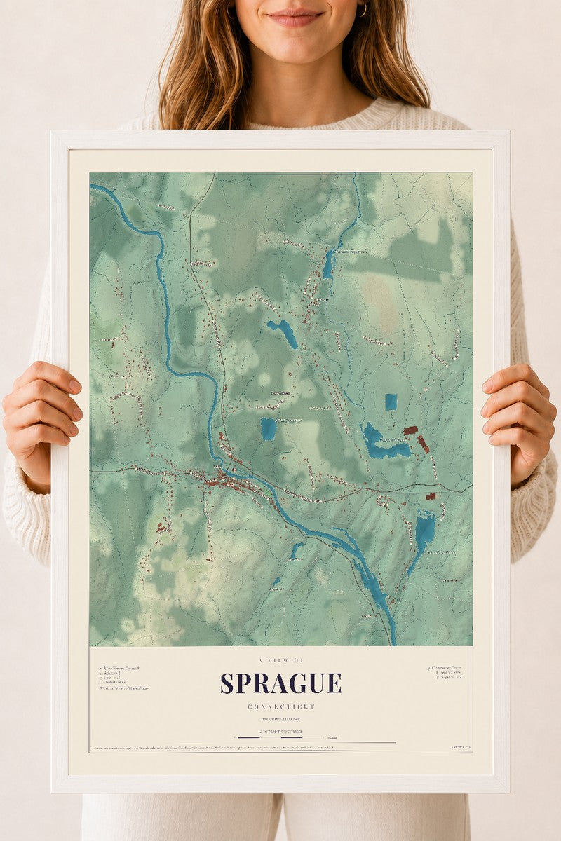Sprague, Connecticut map print, 18" x 24", W/ White Ayous Wood Frame
