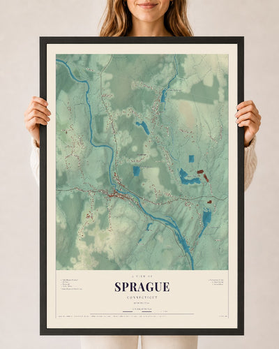 Sprague, Connecticut map print, 24" x 36", W/ Black Ayous Wood Frame