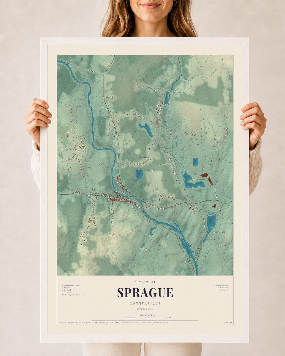 Sprague, Connecticut map print, 24" x 36", W/ White Ayous Wood Frame