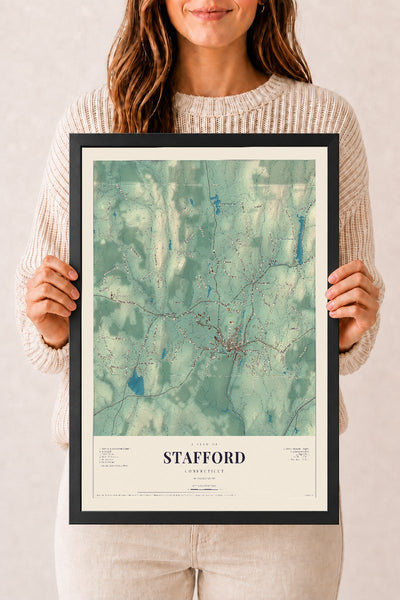 Stafford, Connecticut map print, 12" x 18", W/ Black Ayous Wood Frame