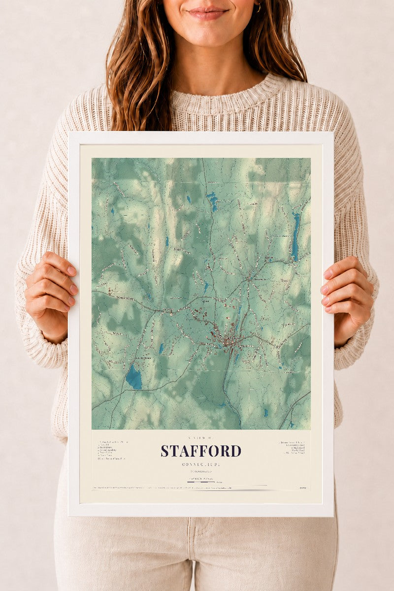 Stafford, Connecticut map print, 12" x 18", W/ White Ayous Wood Frame