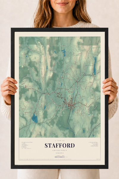 Stafford, Connecticut map print, 18" x 24", W/ Black Ayous Wood Frame