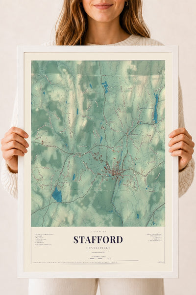 Stafford, Connecticut map print, 18" x 24", W/ White Ayous Wood Frame