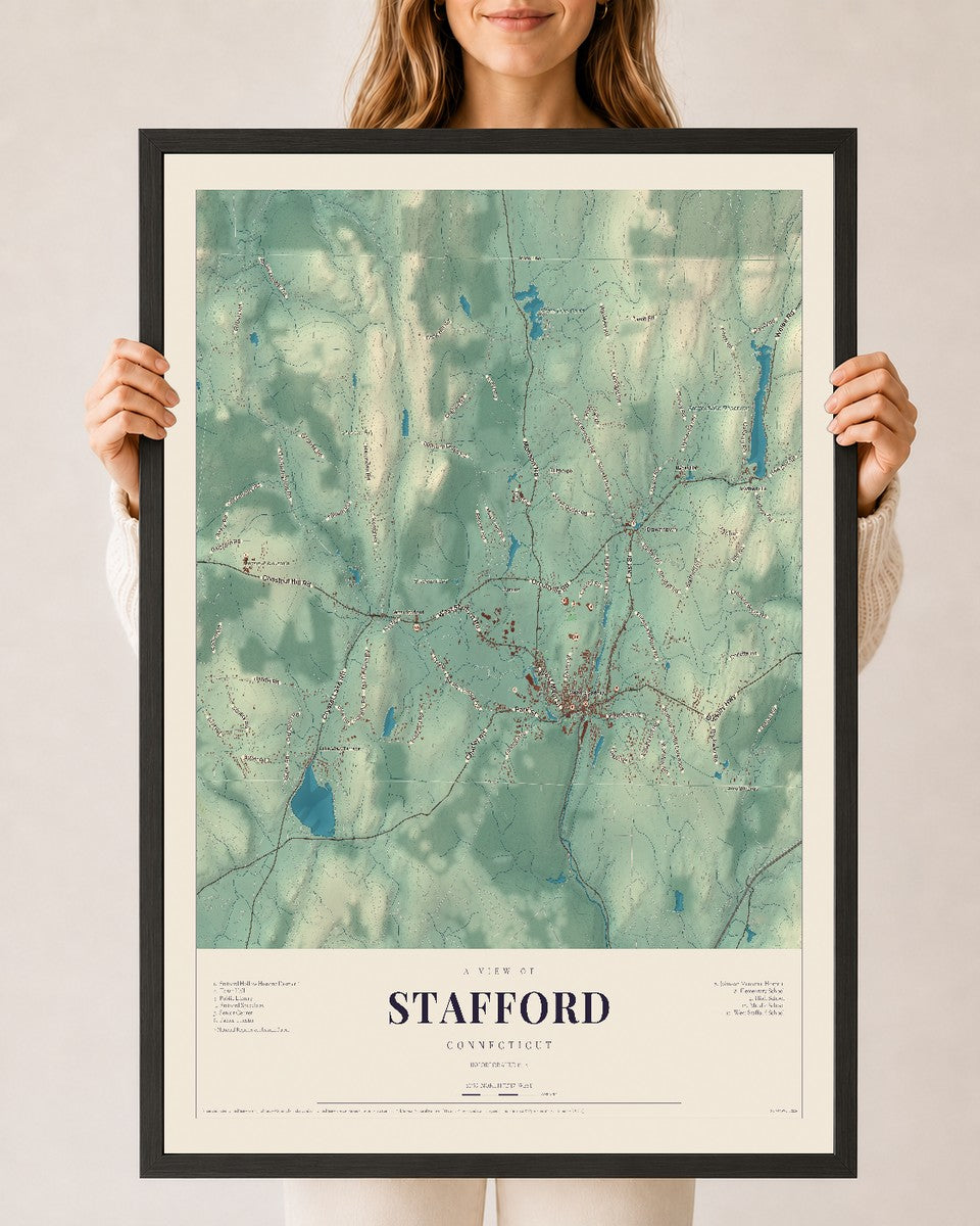 Stafford, Connecticut map print, 24" x 36", W/ Black Ayous Wood Frame